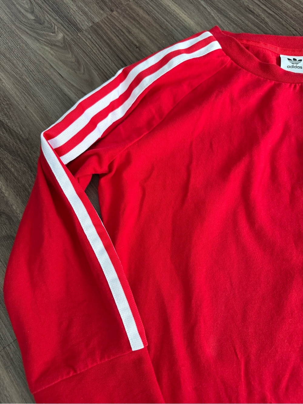 Women’s Medium adidas Red Long-Sleeve Three-Stripe Crew Dress - Picture 3 of 6